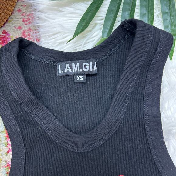 I AM GIA Black Red Embroidered Logo Ribbed Cropped Crop Tank Top XS Scoop Neck - Picture 4 of 5